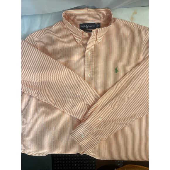 Ralph Lauren Shirt Orange White Striped Buttons Custom Fit Long Sleeve Men’s L - Picture 7 of 16